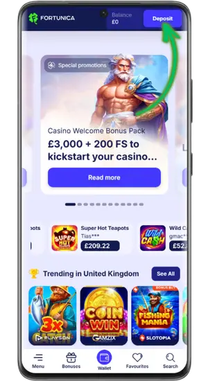 Casino Lobby with Deposit Button on Mobile